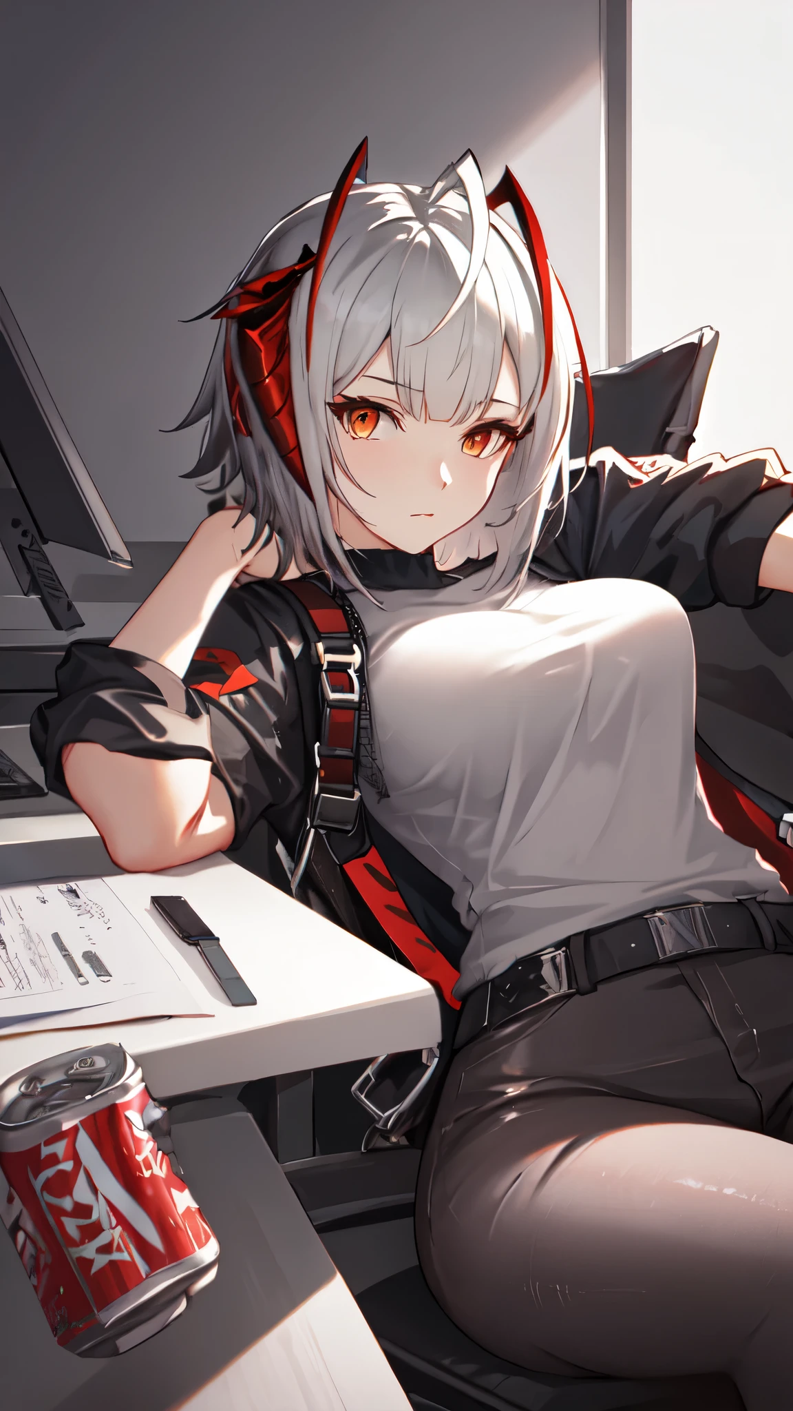 (safe:1.10), best quality, masterpiece, highres, solo, (w_arknights:1.10), portrait, looking at viewer, 18,dynamic pose, drink a soda cans, dynamic angle view,office background 