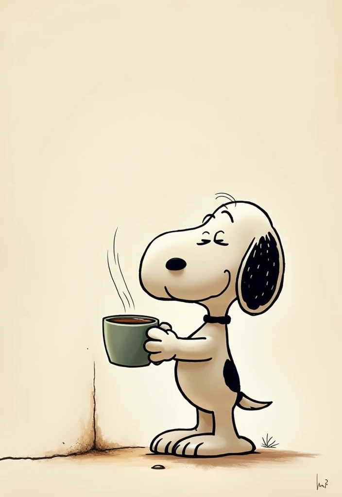 snoopy standing against an invisible wall, foot resting on the invisible wall, holding a cup of coffee,