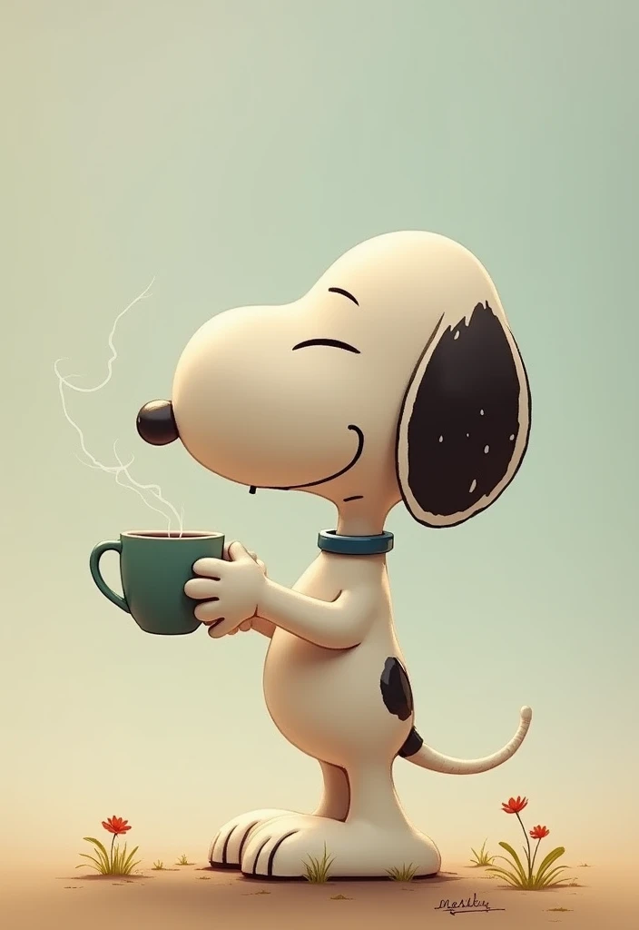 snoopy standing against an invisible wall, foot resting on the invisible wall, holding a cup of coffee,