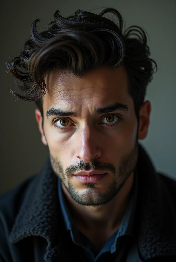 Man with deep brown eyes and mysterious look at age of 30