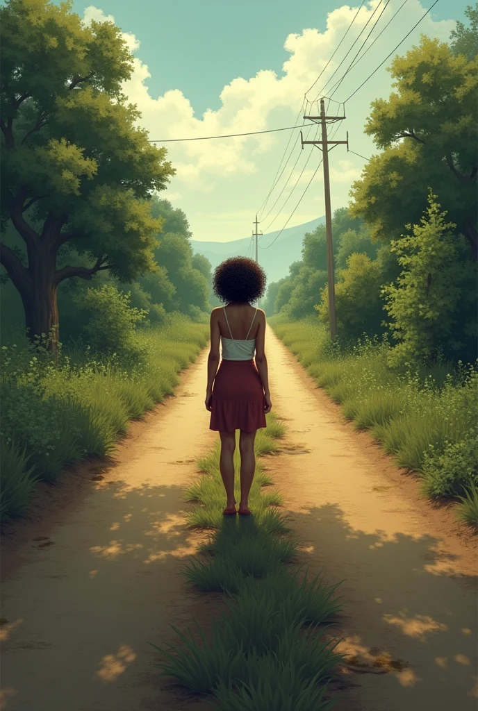A woman with dark brown curly hair, back to back in the middle of a road, with two paths 