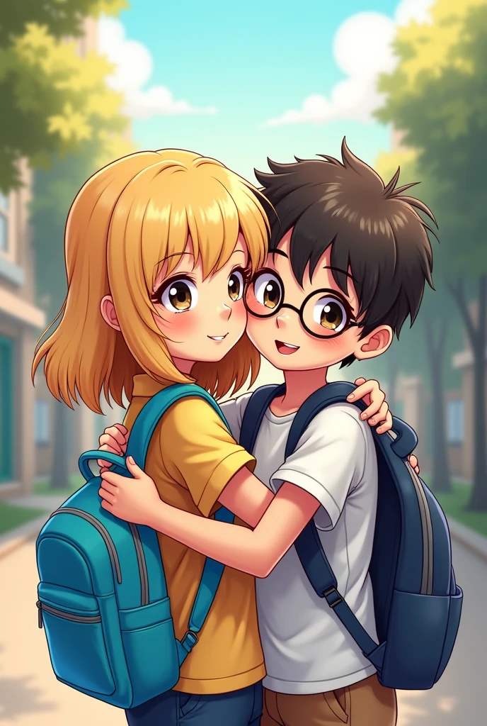 Comic style image of a white girl without glasses with shoulder-length blond hair with light brown almond-shaped eyes and long eyelashes and a sky blue backpack hugging a blond boy with very short black hair and slanted eyes with long eyelashes and a small nose with very round glasses with a navy blue backpack at school 