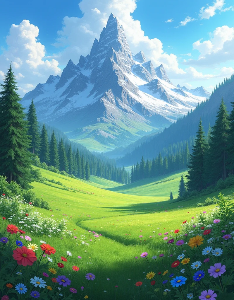 A big mountain with trees and flowers and grass