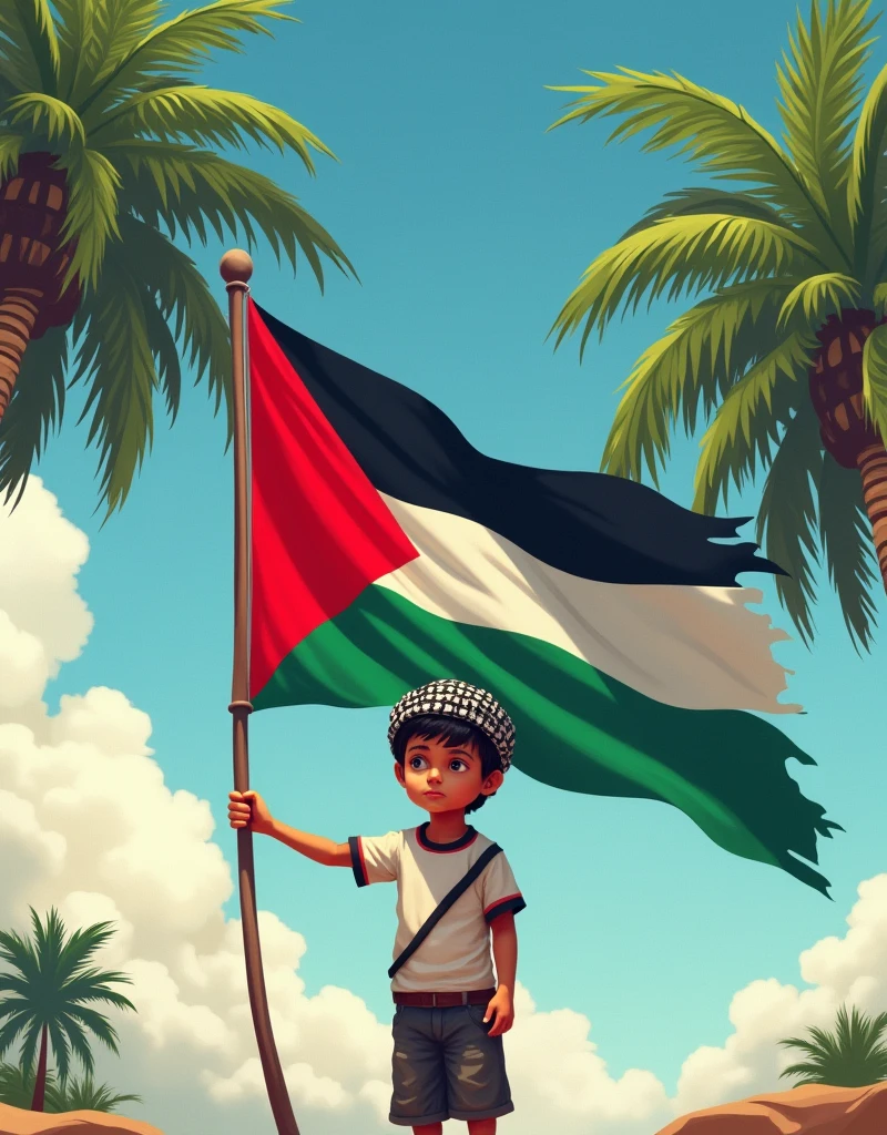 digital art of a young boy stands proudly and holding a large Palestine flag , set against a backdrop of palm trees and a clear sky. the boy has Palestinian Chafee. front side view with wide angle .