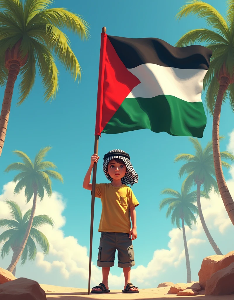 digital art of a young boy stands proudly and holding a large Palestine flag , set against a backdrop of palm trees and a clear sky. the boy has Palestinian Chafee. front side view with wide angle .