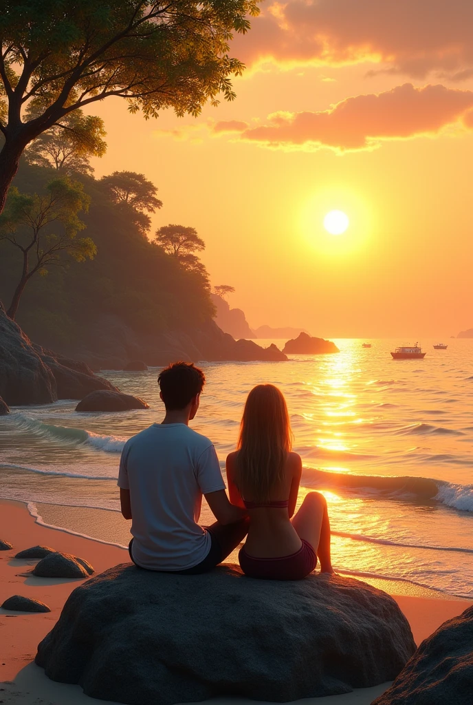 A couple sit at the beach on the Rock with sunset trees and boats