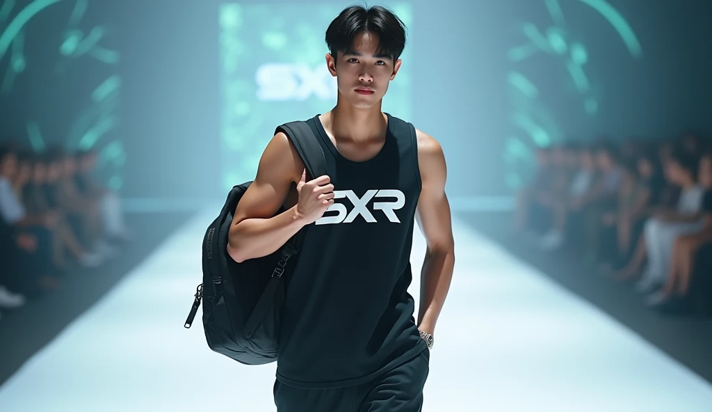 a sportwear fashion handsome 18 yrs. old, k pop Asian male model, runway show full body holding sports bag pack, tank top casual wear style, SXR logo design, ultra-detailed, film photography, light leaks, trending on sportwear, sharp focus, studio photo, futuristic detail please remember the following text:
"A sportswear fashionable 1 K-pop Asian male model walking the runway, carrying a sports backpack, wearing a casual tank top featuring the SXR logo design. The photo is ultra-detailed, shot using film photography with light leaks. The style is currently trending in sportswear, with sharp focus and futuristic details, captured in a studio setting." ls, highly detailed