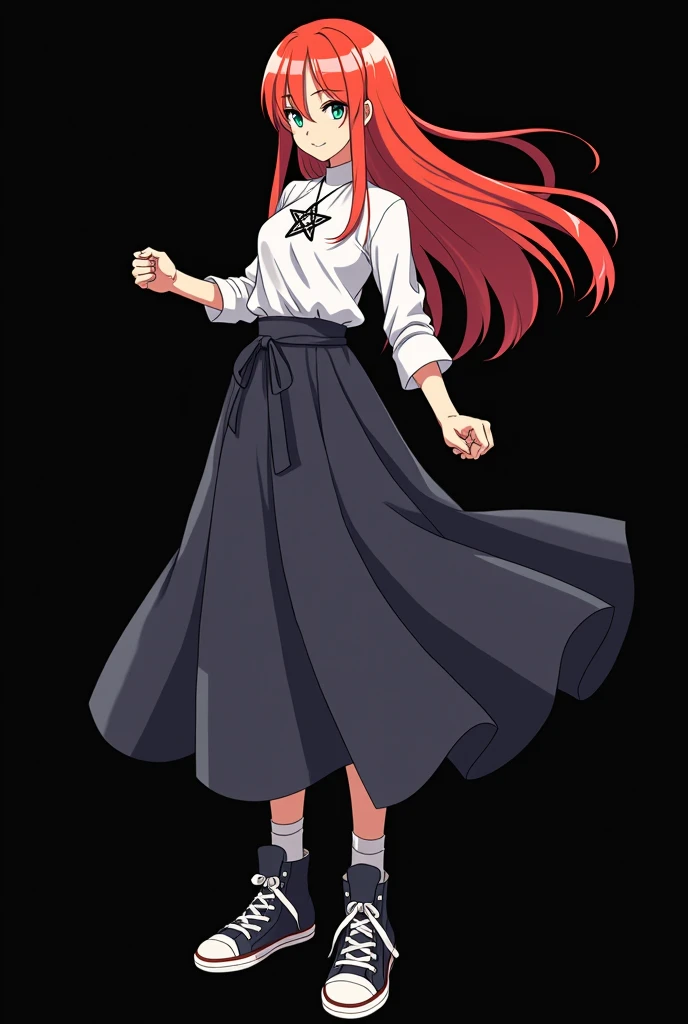 A full body image of an elderly girl, personagem do anime "JUJUTSU KAİSEN", she is very beautiful, with long, straight, fire-colored hair with two white streaks highlighted in the front, framing your face. She has blue-green eyes and pale skin.. she is a Wiccan, she is in fighting pose. she wears a pentagram necklace, skirts, beautiful women's high-top shoes and ¾-long socks. She is drawn with Gege Akutami's lines and animation style., criador de JUJUTSU KAİSEN. black backdrop.