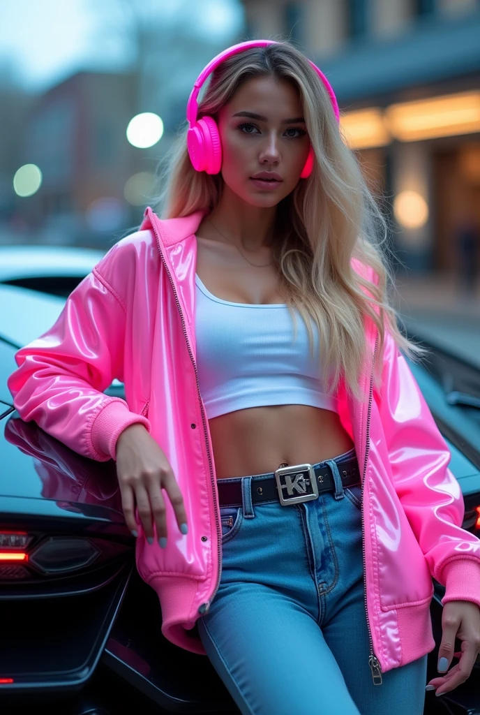 best qualityer, 8k.
Beautiful young woman, blonde hair long, she wears hot pink headphones.
Wears a pink holographic jacket, White tank top, calca jeans, boot.
In your hand a state-of-the-art cell phone. 
She is leaning against a Lamborghini car.
Centered image.
