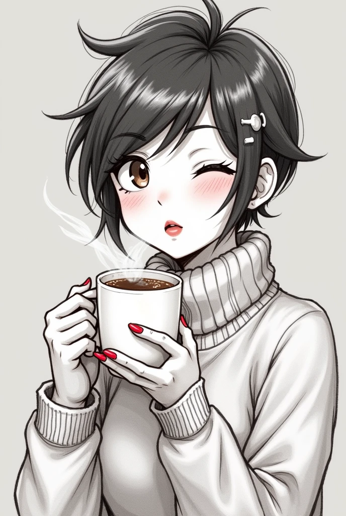 a pencil sketch of a woman, short pixie dark hair with bangs, & white highlights, she's winking, other eye brown, long lush lashes, she's got a coffee mug in one hand with steam rising from it, she's blowing on her hot coffee with ultra-bright red lips, wearing a big turtle-necked sweater, ultra-bright red fingernails, other hand up by her face, grey muted bg