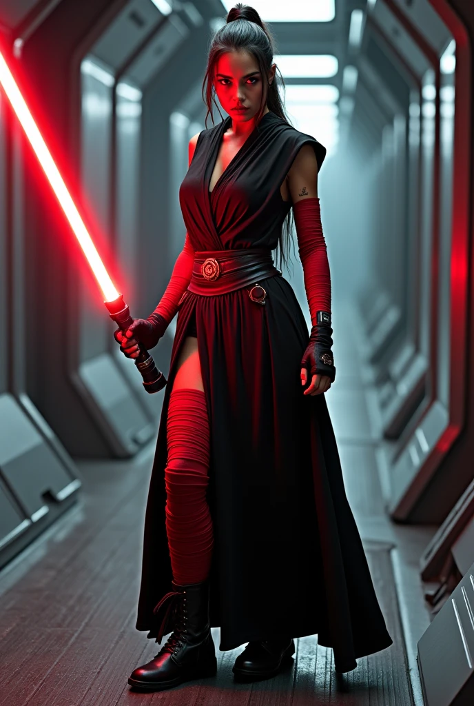 Beautiful, Mexican, female, young woman, long black hair tied into a tight ponytail, bright red eyes, wearing black Jedi robes, arms wrapped in red bandages, wearing black fingerless leather gloves, legs completely wrapped in red bandages, wearing black leather boots, holding a lightsaber in one hand, standing in a hallway of a futuristic spaceship, viewed from the front