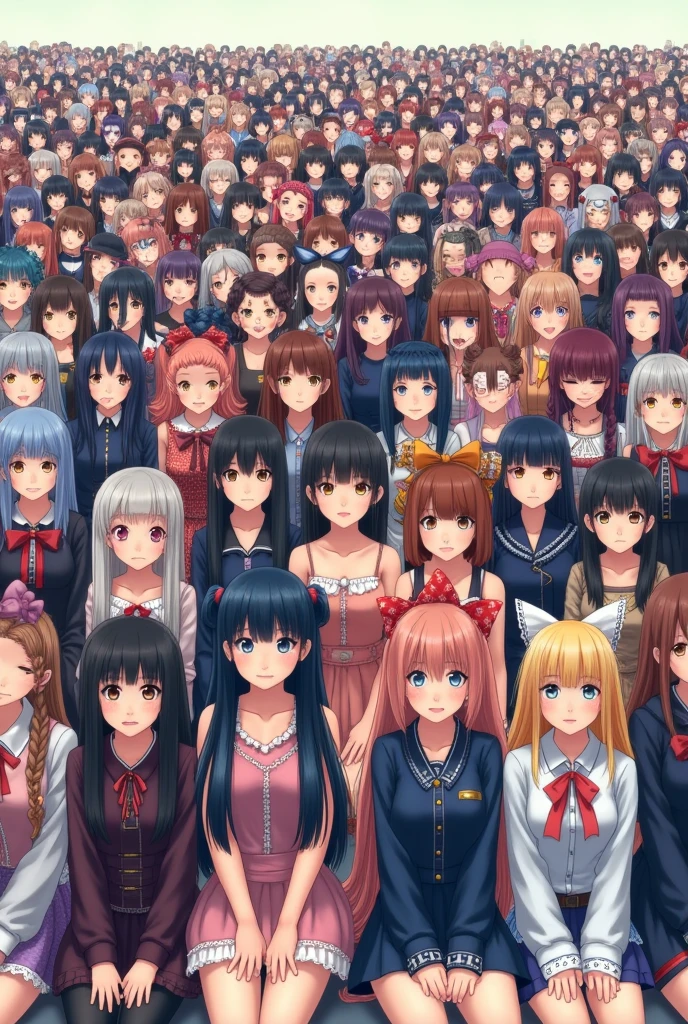 2000 long-haired Asian girls wearing realistic hirajuku kneel down and take a frontal group photo
