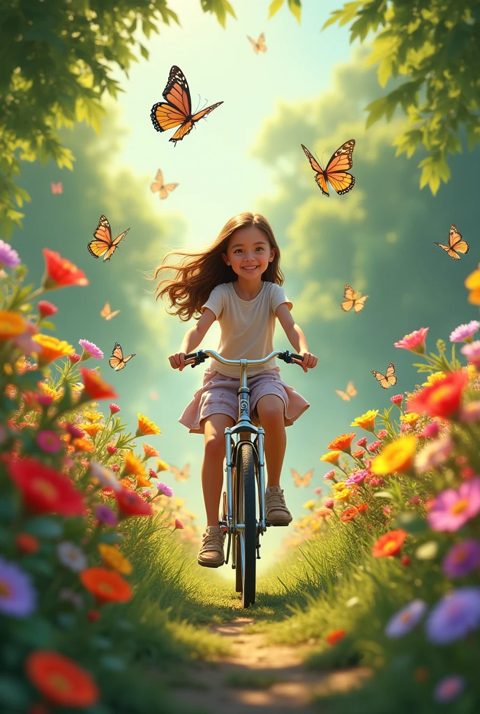 A girl cycling in the garden, butterflies around beautiful flowers around