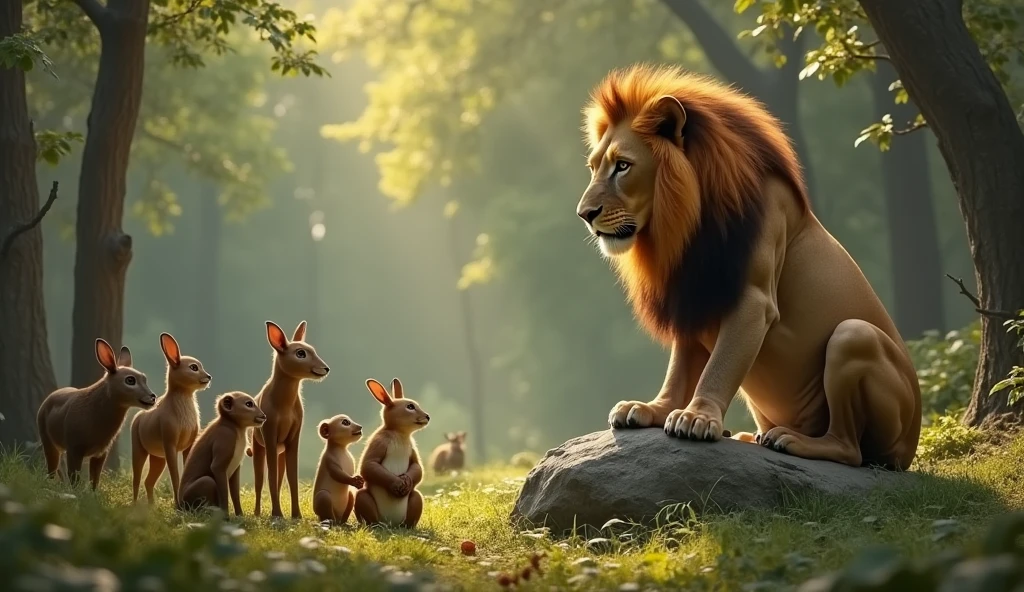 "In a forest clearing, a large, majestic lion is sitting on a rock with a fierce expression. A group of animals, including deer, monkeys, and rabbits, stand before him, pleading with folded hands, trying to convince the lion to
