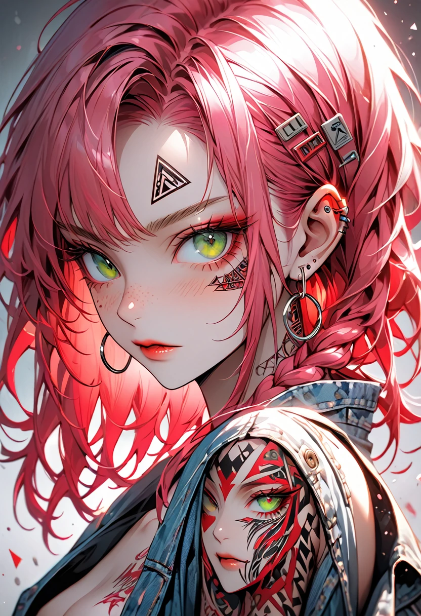 A highly detailed, hyper-realistic portrait painting of a young woman sexy decote Sensual si nude with vibrant crimson pink hair styled in an elaborate high pink and two long braided pigtails. The hair features intricate braids and is adorned with various accessories including paper clips, tags, small yellow rectangular labels, and a prominent brown card with 'UNS' written in white bold letters. The woman's face is covered in elaborate tattoos with intricate designs including swirls, leaves, geometric patterns, triangles, and symbols like hearts and anchors. She has striking green eyes accentuated with heavy eyeliner and mascara, thick, well-defined eyebrows, and full lips with a glossy brown hue. Her skin is light beige with numerous small freckles scattered across her cheeks, nose, and forehead. The woman wears large hoop earrings on both ears, with one ear featuring multiple gauges. She's dressed in a denim jacket with various colorful patches, including a prominent yellow patch with frayed edges and the text 'ADD ROO' in red bold letters, over a turquoise shirt decote Sensual sexy semi nude. The jacket features intricate tattoo-like designs, with the word 'CH' visible on the left shoulder. The background is plain light gray, ensuring all focus remains on the subject's detailed features and vibrant appearance. The lighting is soft and even, highlighting the textures and colors of the tattoos, hair, and accessories, while creating a balanced exposure that brings out the intense colors and intricate details of this modern, edgy, and artistic portrait.swxy decote Sensual semi nud