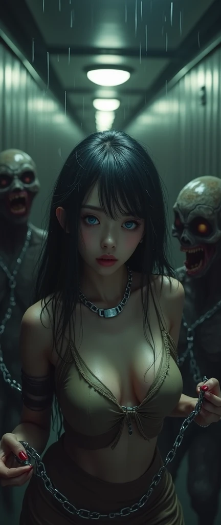 (32K:1.9, Horror expression:1.9, Highest quality, masterpiece, Ultra-high resolution), Perfect dynamic composition, Highly detailed skin and facial textures:1.3, Detailed eyes, Detailed limbs, (The Darkest Dungeon:1.3), Light brown leather outfit:1.6, Cute sexy slim Japanese woman:1.2, Fair skin, Tilt your head, (5 Zombies:1.8, Crazy behavior:1.7, Zombie touching a woman:1.9, Raindrops falling from the ceiling:1.5), (Her big breasts look like they&#39;re about to burst, areola is not visible, Big cleavage), (A look of despair:1.3, Expression of despair:1.3, Totally captivates you), Beautiful Blue Eyes, Beautiful erotic eyes, Sexy Face, blush, Beautiful sensual atmosphere, Professional random camera work, ((Bloody:1.9, Covered in scars:1.9, Bruises on the face:1.9, Covered in bruises:1.9, Lots of big chains:1.8, Countless chains tangled in clothes:1.8, Chain your right arm:1.8, Chain the left arm:1.8, The right leg is bound with a shackle and chain:1.8, The left leg is bound with a shackle and chain:1.8)), ((The endless chains invade:1.8)), (Too erotic)