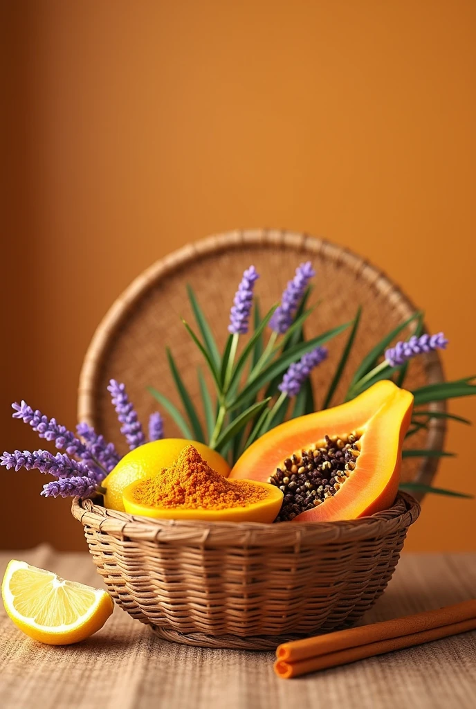 Turmeric , Lavender,  Lemon ,  Half cutted Papaya , Saldalwood stick all together in bamboo basket. Background orange shades