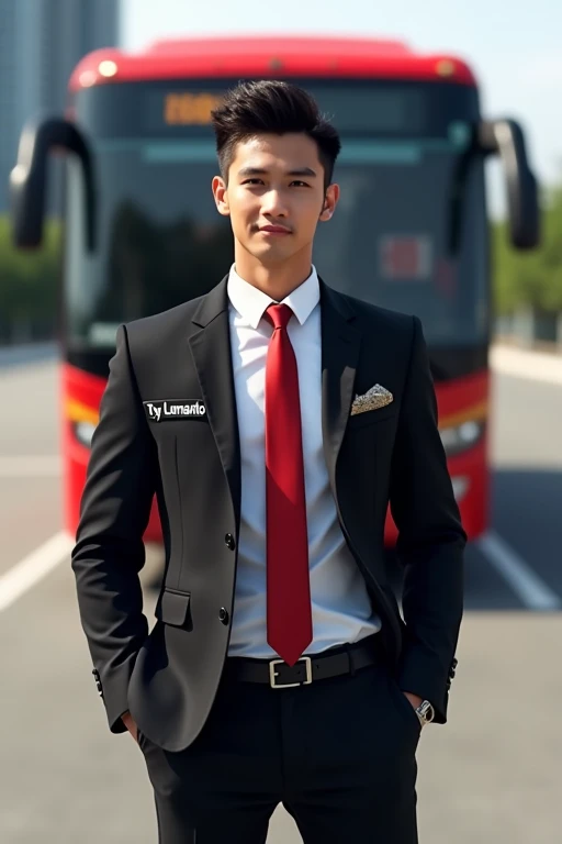 a handsome 2 man from Indonesia, short spiked hair, wearing a white shirt, red tie and covered with a black jacket, with the words "Tyo Lumanto" on the left side of his chest, standing in the parking lot, and there is a big red bus nice and cool behind it facing forward, smile expression, realistic, super HD, detailed.