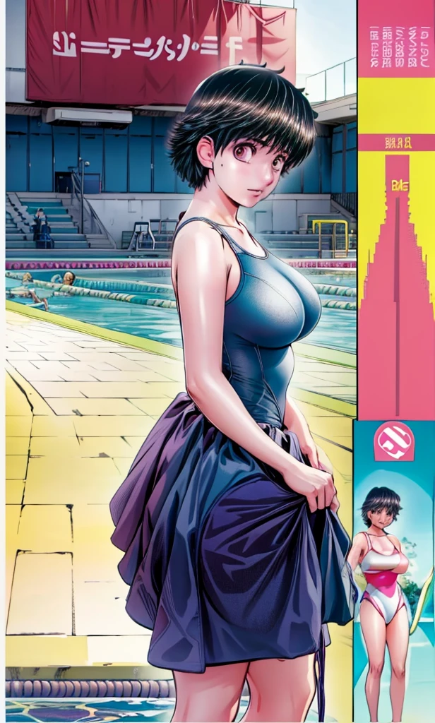 A beautiful girl with short hair, boyish looks, big breasts and beautiful legs is standing by the pool with her legs spread apart in a bright pink high-cut swimsuit with the arena logo and lettering.。A middle-aged man is standing, pointing his camera lens at a beautiful woman.。