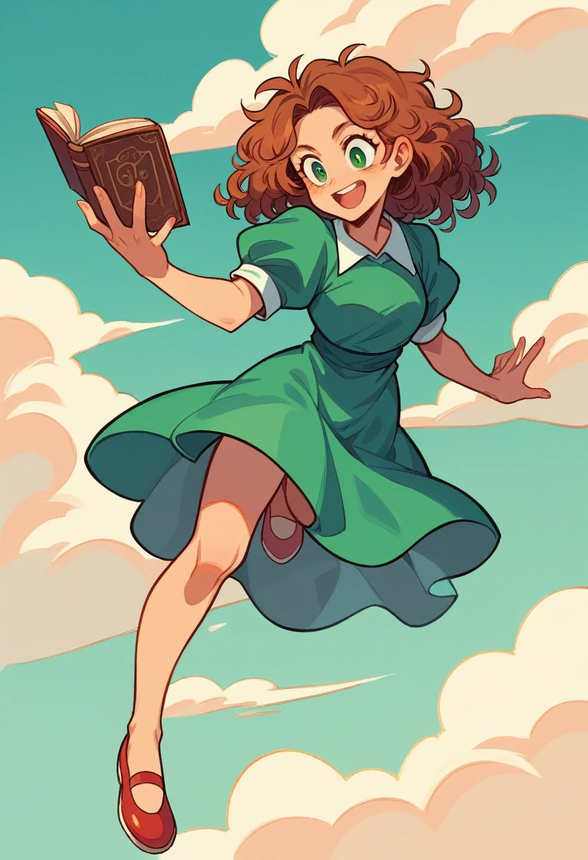 drawing style for book for kids. girl, Curly Brunette Hair, greeneyes, wearing colorful dress and red shoes. She is close to the clouds, flying happily over a city. negative prompt: no bad hands, no bad yes, perfect body. She only has 5 fingers on her hands.