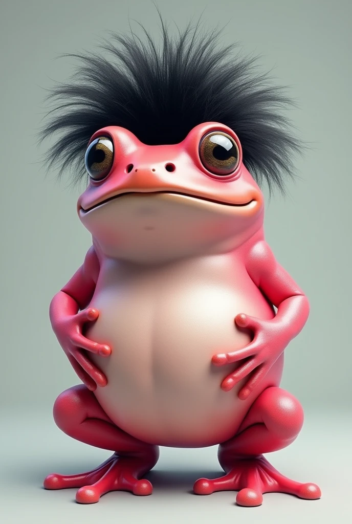 A pink frog with black hair and a penis bigger than himself