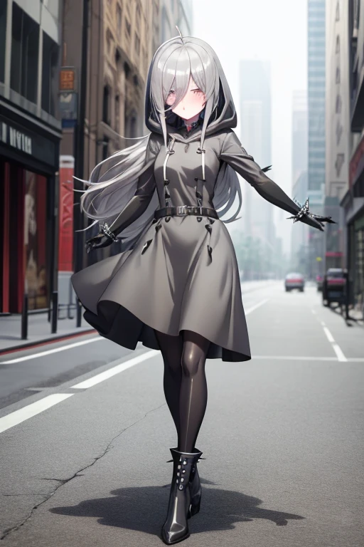 ((best quality)), ((masterpiece)), (detailed), 1 girl, Full body, 1, Face Depressed, Silver eyes, Outstretched arm, Gray zipper Hood, Blushing, Long hair, Silver hair, Spiky hair, Ahoge, Bangs, Lock of hair covering eye, Full body, Very tall, Small breasts, Thin body, Metal spikes, Gray bracelets, Long black gloves, Gray gothic dress, Gray dress with metal spikes, Metal emblem, Somewhat tight, Black belt, Metal legs, Black pantyhose, Black boots, Walking through the city, Giant metal spikes sticking out of the street, Cracked road, City background, Anime
