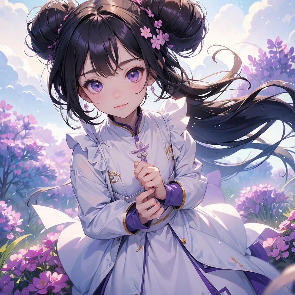 A chibi child girl had a small face and Wearing white little Taoist priest's outfit. A pair of big round eyes shone with curiosity about him. This child was so cute! ,her hair is black with two buns on her hair.small chibi, chibi baby, smiling,The little chibi baby looked up with his chest raised, and his face was old and proud.

Stroll among the purple lavender fields , There are some floating clouds.


