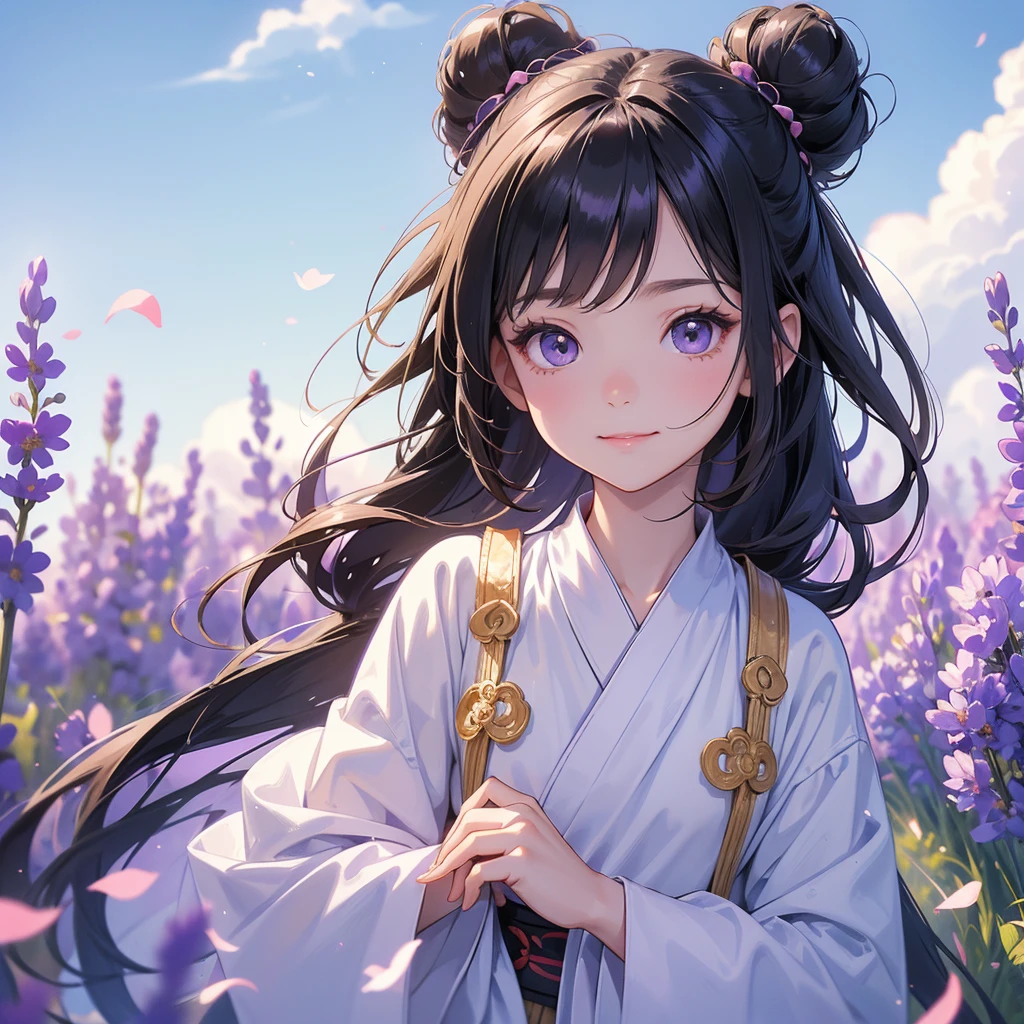 A chibi child girl had a small face and Wearing white little Taoist priest's outfit. A pair of big round eyes shone with curiosity about him. This child was so cute! ,her hair is black with two buns on her hair.small chibi, chibi baby, smiling,The little chibi baby looked up with his chest raised, and his face was old and proud.
Stroll among the purple lavender fields , There are some floating clouds.