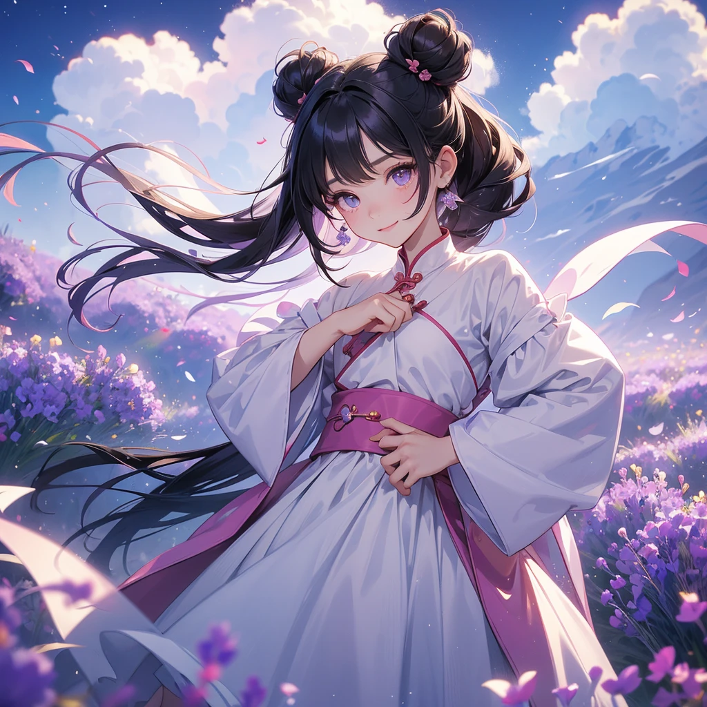 A chibi child girl had a small face and Wearing white little Taoist priest's outfit. A pair of big round eyes shone with curiosity about him. This child was so cute! ,her hair is black with two buns on her hair.small chibi, chibi baby, smiling,The little chibi baby looked up with his chest raised, and his face was old and proud.
Stroll among the purple lavender fields , There are some floating clouds.