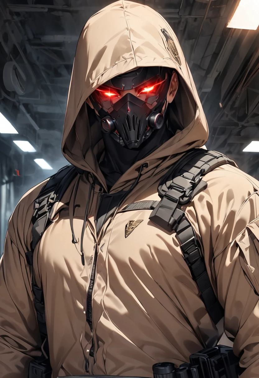 Male, hired gun, wearing tactical gear, wearing a edgy mask that has glowing eyes, wearing a hood over the mask, holding a rifle High Resolution, Masterpiece, Accurate, Anatomically Correct, Best Quality, Award Winning, 