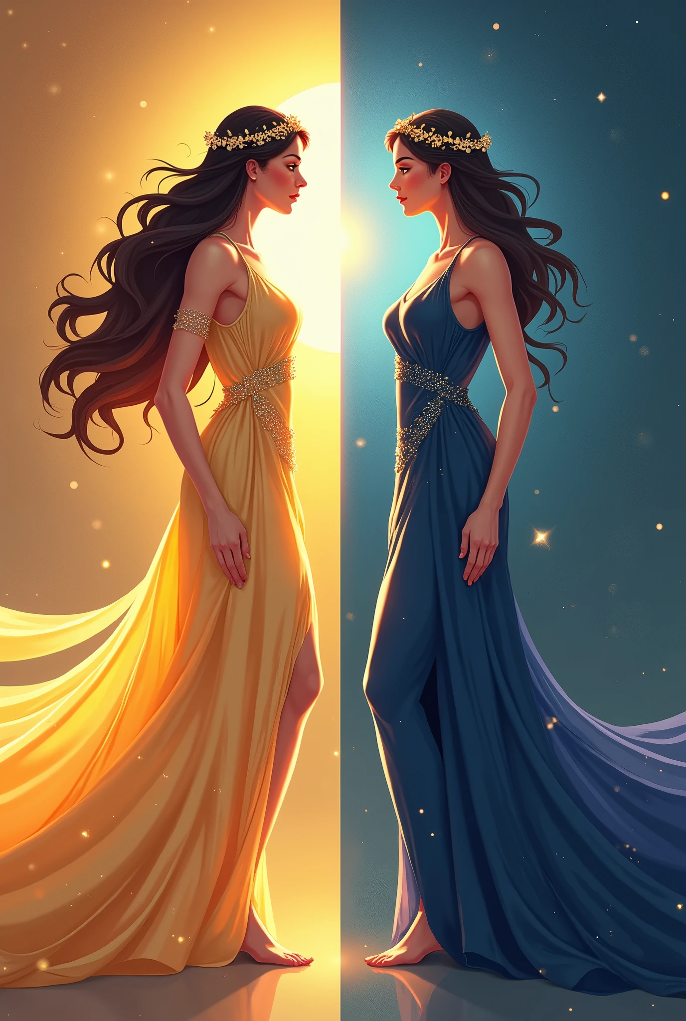 Flat vector of 2 sexy busty godsesses. They are looking away from each other with disgust. One is goddess of the day and is on the left side of the image. The other is goddess of the night and is on the right side of the image. They are both wearing elegant dress that represent their domains. the image is split in the middle. highly detailed