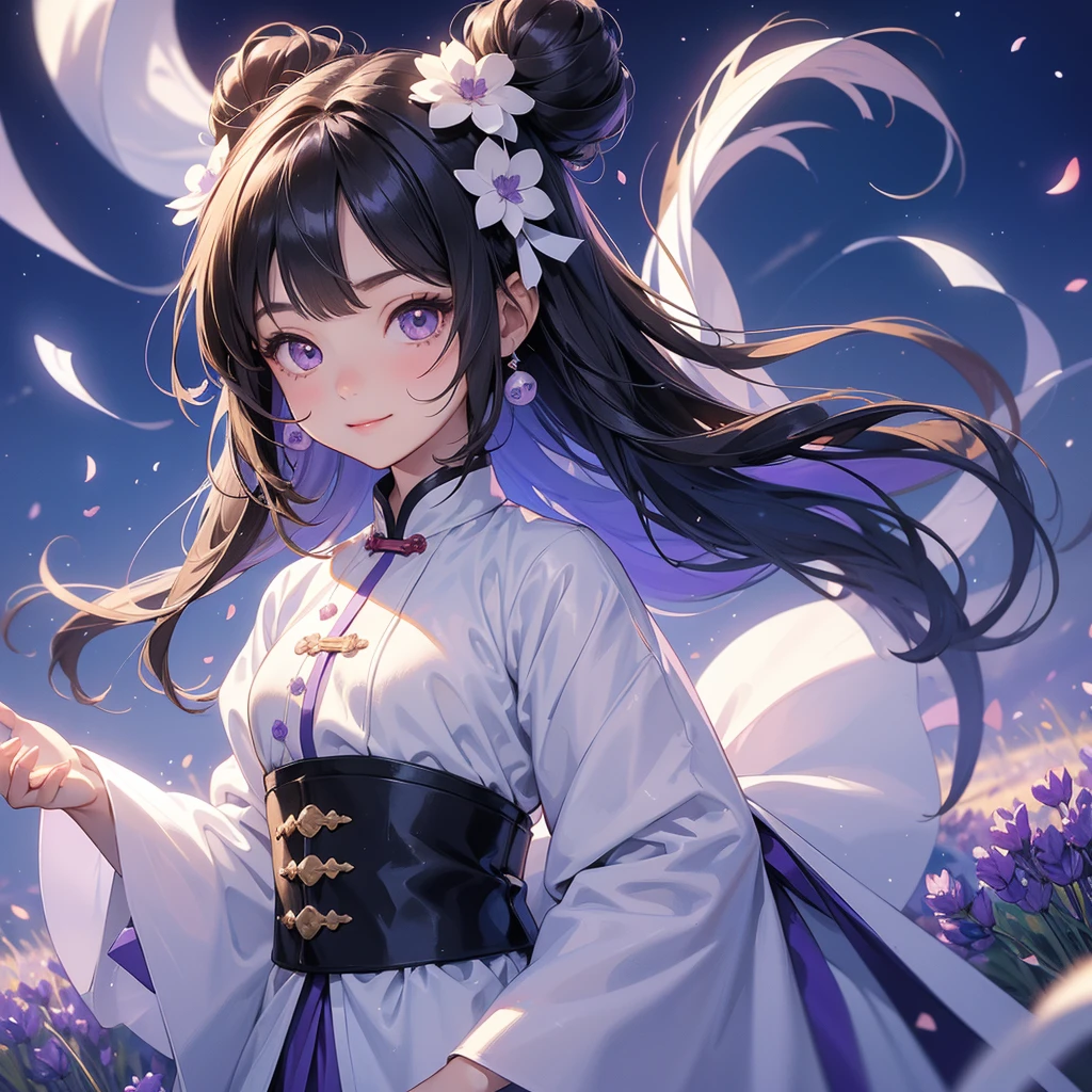 A chibi child girl had a small face and Wearing white little Taoist priest's outfit. A pair of big round eyes shone with curiosity about him. This child was so cute! ,her hair is black with two buns on her hair.small chibi, chibi baby, smiling,The little chibi baby looked up with his chest raised, and his face was old and proud.
Stroll among the purple lavender fields , There are some floating clouds.