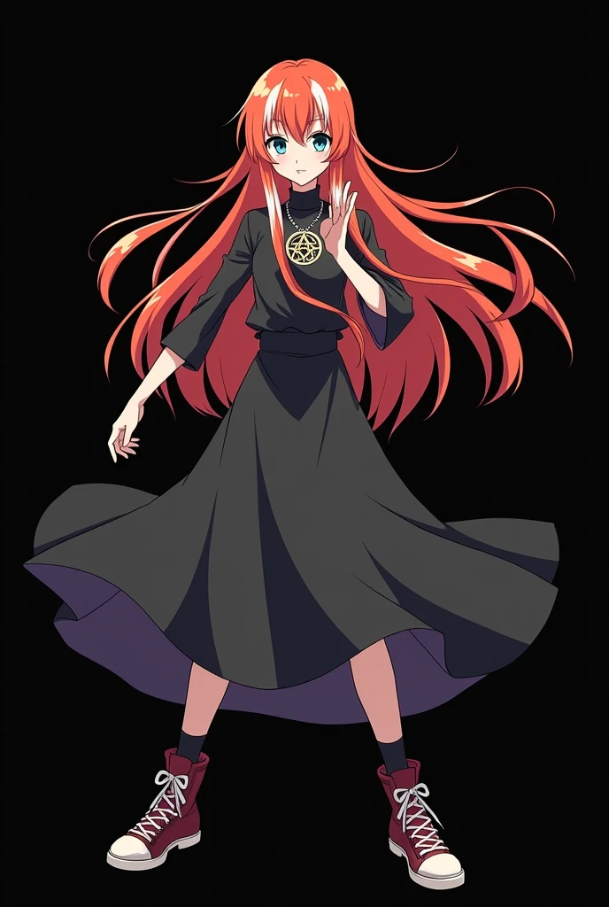 A full body image of an elderly girl, personagem do anime "JUJUTSU KAİSEN", she is very beautiful, with long, straight, fire-colored hair with two white streaks highlighted in the front, framing your face. She has blue-green eyes and pale skin.. she is a Wiccan, she is in fighting pose. she wears a pentagram necklace, skirts,  beautiful women&#39;s high-top shoes and ¾-long socks. She is drawn with Gege Akutami&#39;s lines and animation style., criador de JUJUTSU KAİSEN. black backdrop.