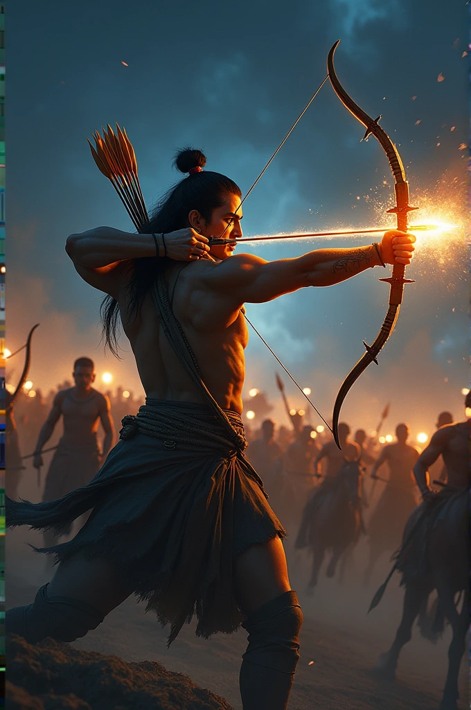 Arjuna fighting in a rare night battle during the Kurukshetra war. The scene is illuminated by torches and the glow of celestial weapons. Arjuna is shown shooting arrows that leave trails of light, while the enemy forces are seen in shadow, creating a stark contrast between light and darkness.