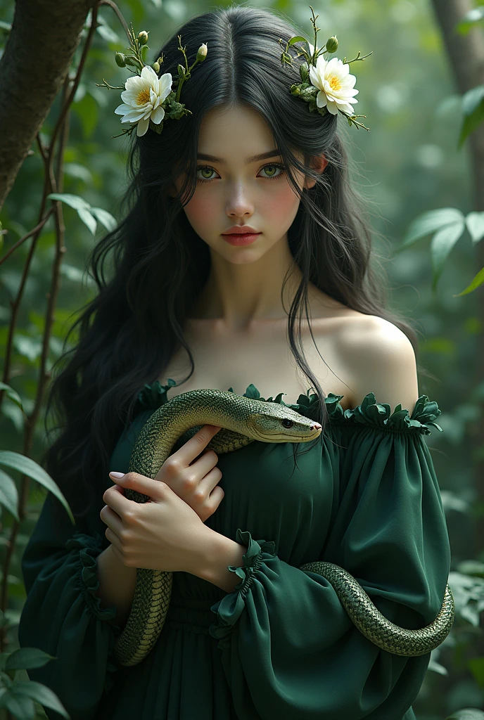 beautiful young girl, dark long hair, white flowers are woven into the hair, green eyes, dark green dress, snake, girl holding a snake, vines on the background, 8k, high detailed, high realism, dark fantasy art