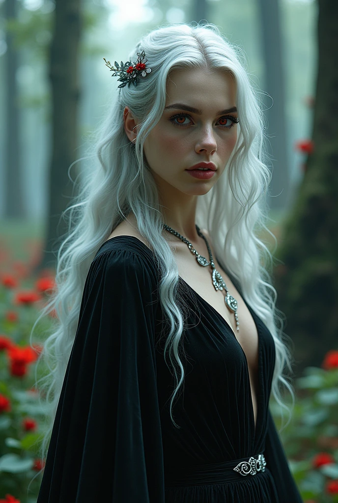 A woman with long, flowing silver hair, with soft waves, reflecting light in an almost ethereal way. Silver has a subtle shine, the eyes are blood red the skin is very fair, almost translucent, typical of vampires, with a touch of luminosity that suggests magic.
She wears a long black velvet dress, adorned with silver details and wearing necklaces with amulets and flowers intertwined in her hair and has a constellation on her left arm In the background a blurred shadowy figure that represents the antagonist, with a threatening aura in a setting that mixes elements of nature and magic.
An enchanted forest with tall trees and bright flowers, but also with sinister shadows that suggest danger with symbols and runes that represent both blood (like drops or marks) as the charms (como estrelas)
Full-body image