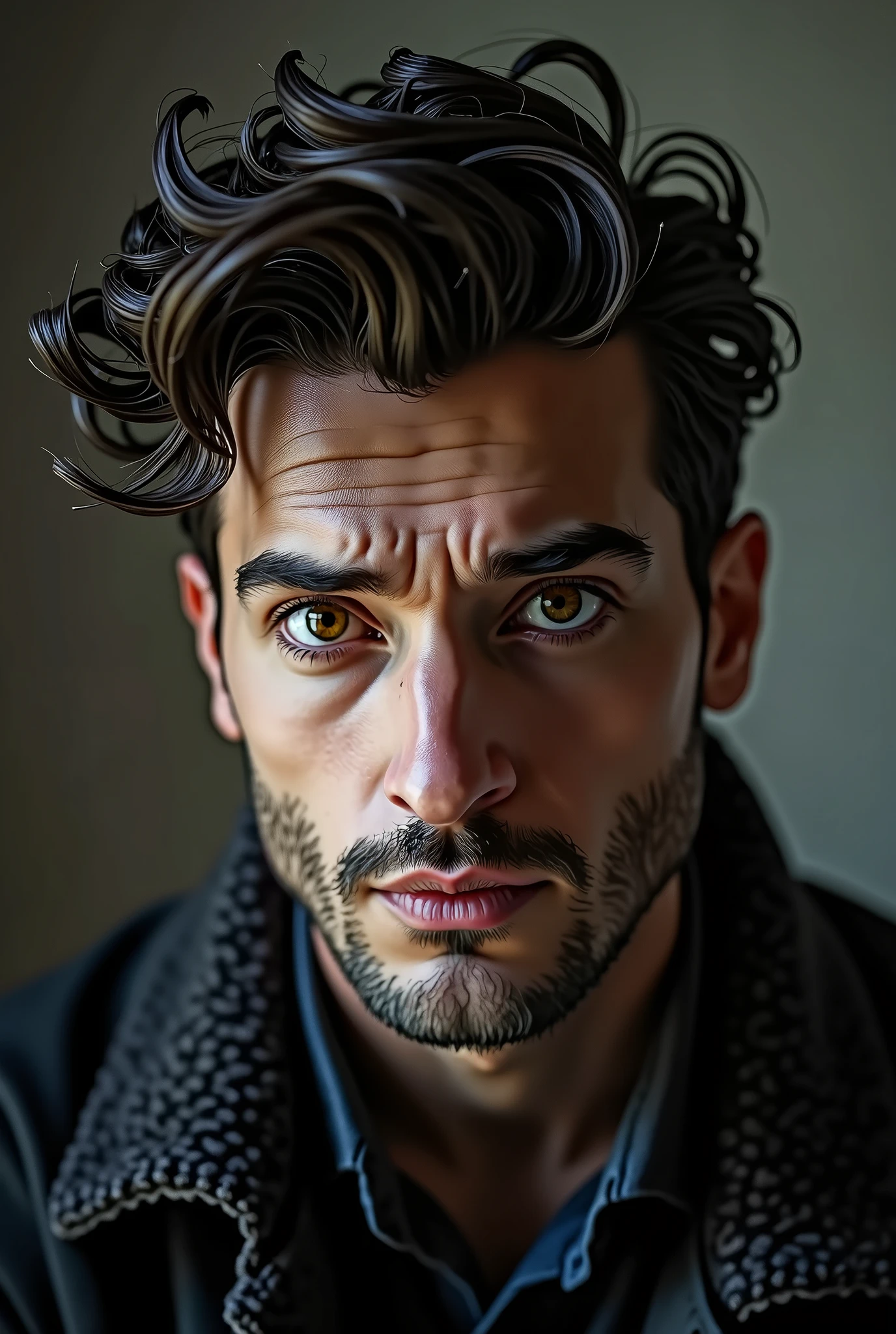 Man with deep brown eyes and mysterious look at age of 30