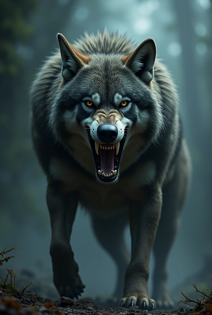 Wolf with white dangerous teeth and background danger and attractive horror and wolf body lisk a mussel
