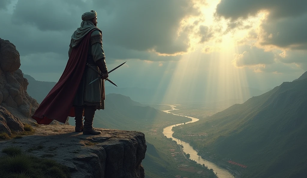 Create a dramatic, highly detailed image of Thariq bin Ziyad standing on a rugged cliff, gazing down upon a vast battlefield below. Thariq should be depicted as a commanding figure, dressed in traditional Islamic warrior attire, with a turban and a combination of leather and iron armor. His posture is firm and resolute, holding a sword at his side, with the wind gently rustling his attire. His expression reflects both the weight of leadership and the grandeur of the military campaign before him.Battlefield Below: The battlefield is expansive and slightly underexposed, stretching out beneath the cliff with scattered troops and banners visible in the distance, giving a sense of immense scale. The landscape is diverse, with rolling hills, patches of forest, and a river cutting through the terrain, all rendered in intricate detail.Background: The sky above is filled with heavy, brooding clouds, with occasional rays of sunlight piercing through, casting dramatic beams of light that illuminate parts of the battlefield. The contrast between light and shadow enhances the epic nature of the scene.Color Grading: Use epic color grading with cool blues and deep grays for the sky and landscape, contrasted by warm, golden highlights on Thariq and sections of the battlefield, emphasizing the significance of his presence. The underexposed battlefield should have muted tones, enhancing the dramatic atmosphere and the sense of anticipation, while Thariq himself is the focal point of the composition, illuminated to signify his role as a leader and strategist."