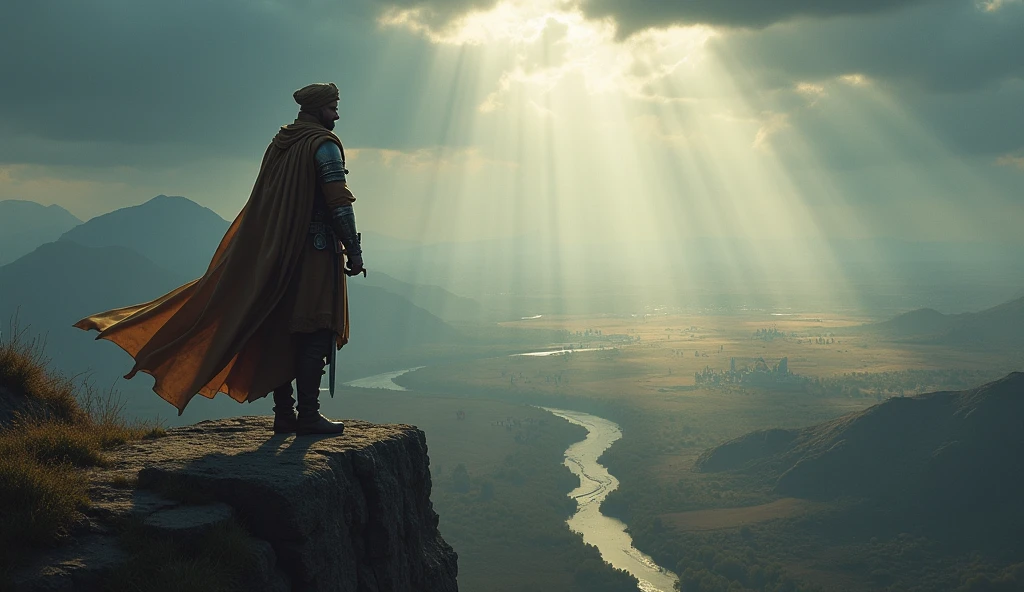 Create a dramatic, highly detailed image of Thariq bin Ziyad standing on a rugged cliff, gazing down upon a vast battlefield below. Thariq should be depicted as a commanding figure, dressed in traditional Islamic warrior attire, with a turban and a combination of leather and iron armor. His posture is firm and resolute, holding a sword at his side, with the wind gently rustling his attire. His expression reflects both the weight of leadership and the grandeur of the military campaign before him.Battlefield Below: The battlefield is expansive and slightly underexposed, stretching out beneath the cliff with scattered troops and banners visible in the distance, giving a sense of immense scale. The landscape is diverse, with rolling hills, patches of forest, and a river cutting through the terrain, all rendered in intricate detail.Background: The sky above is filled with heavy, brooding clouds, with occasional rays of sunlight piercing through, casting dramatic beams of light that illuminate parts of the battlefield. The contrast between light and shadow enhances the epic nature of the scene.Color Grading: Use epic color grading with cool blues and deep grays for the sky and landscape, contrasted by warm, golden highlights on Thariq and sections of the battlefield, emphasizing the significance of his presence. The underexposed battlefield should have muted tones, enhancing the dramatic atmosphere and the sense of anticipation, while Thariq himself is the focal point of the composition, illuminated to signify his role as a leader and strategist."