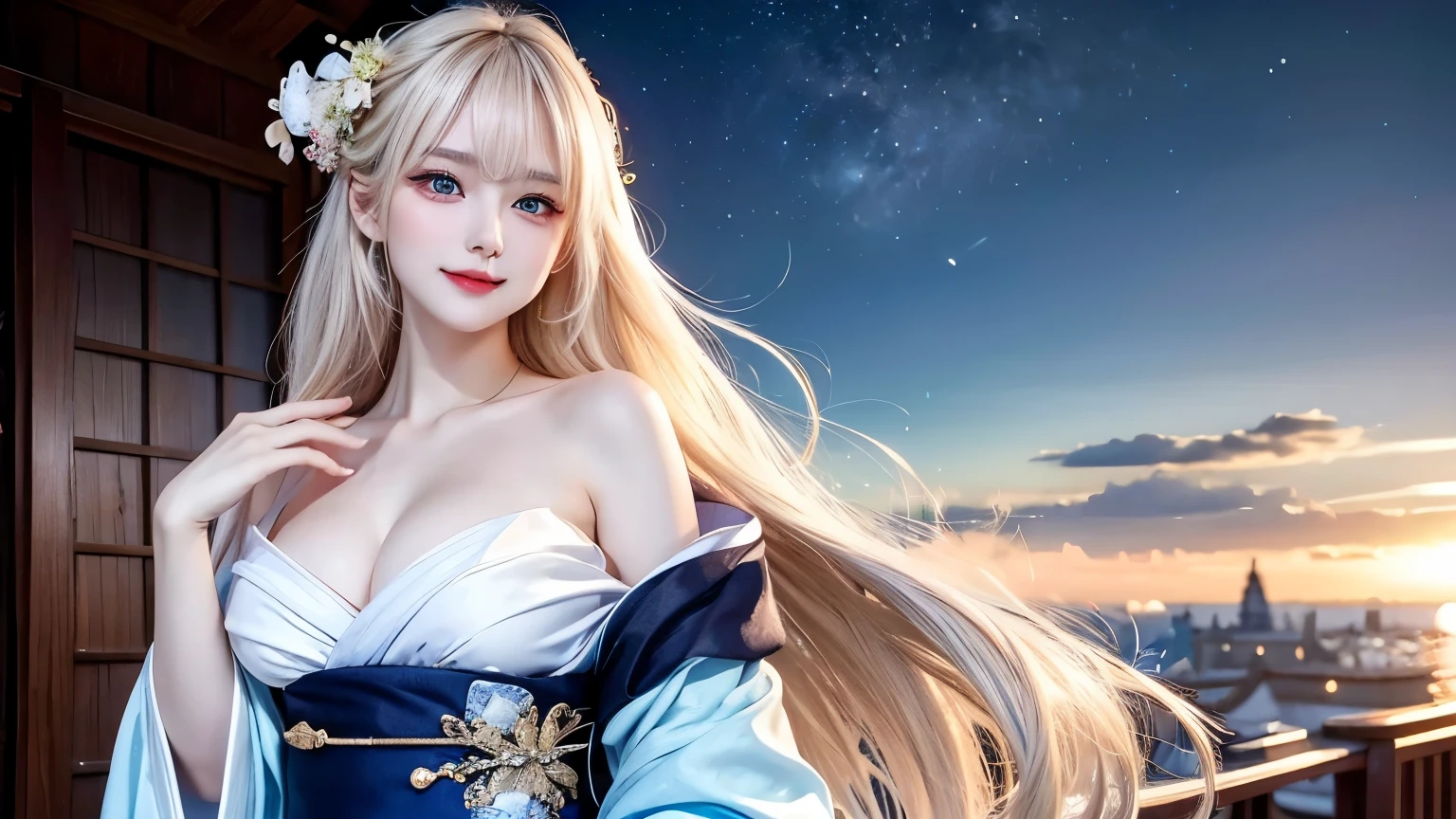 (beautiful girl: 1.3),1girl,masterpiece, Highest quality, Ultra-high resolution,Rich contrast,super high quality,8k,Highly detailed CG unit wallpaper,texture,Unbelievably absurd,Ultra-high resolution,RAW Photos,Depth of Field 1.2,(Beautiful and detailed kimono),smile,Light blue eyes,Very fine eye,bigeyes,Droopy eyes,White skin,blonde,Long Hair,moon between the clouds,stardust,,mystic glow,phantom moon,overlooking,(magnificent panorama view:1.3),(Looking Up 1.3),Veranda,She is gazing at the moon,voluptuous,(Her kimono is open from her shoulders, exposing her breasts.),((kissing))