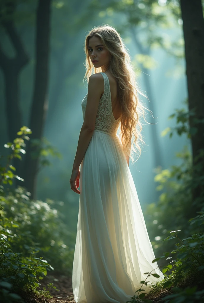 Arabian style image of a woman in a white dress standing in the forest, a stunning young Mysterious figure, Fairy CG Association, Mysterious angelic being of light, A shining angelic presence, Mysterious!!!, Beautiful depiction, Be enchanted by the spirits of nature, Beautiful fantasy art, very Beautiful fantasy art, White glowing aura, Mysterious!!!!!!!, Fairy, Mysterious fantasy, Forest Fairy