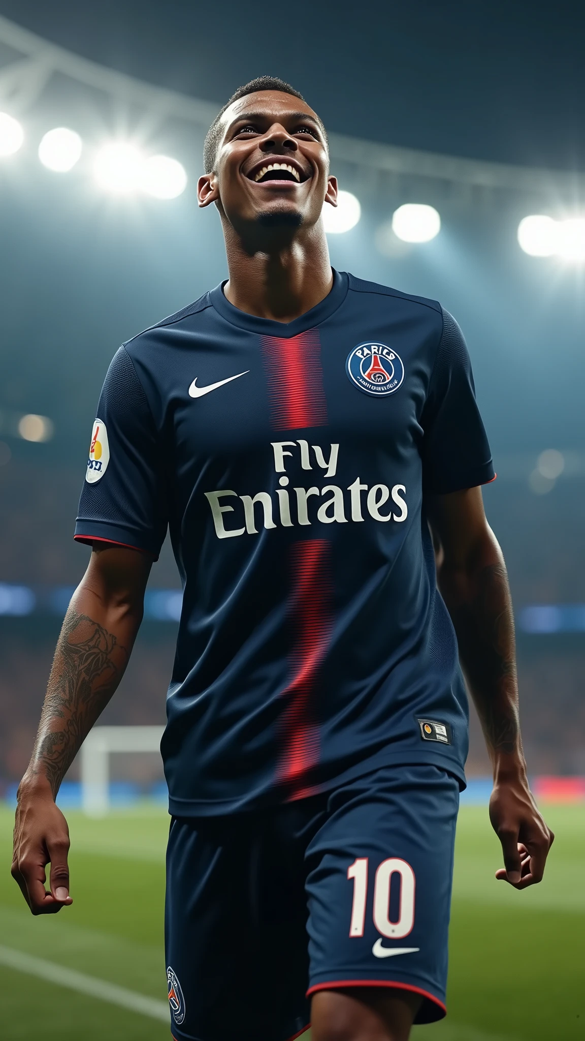 photorealistic, 8k, hyperrealistic, a Kylian Mbappe wear PSG jersey, number 10, celebrating his goal, in stadium, arm crossed pose, highly detailed face, intense expression, full body in frame, dramatic lighting, cinematic composition, chiaroscuro, dramatic shadows, photographic realism