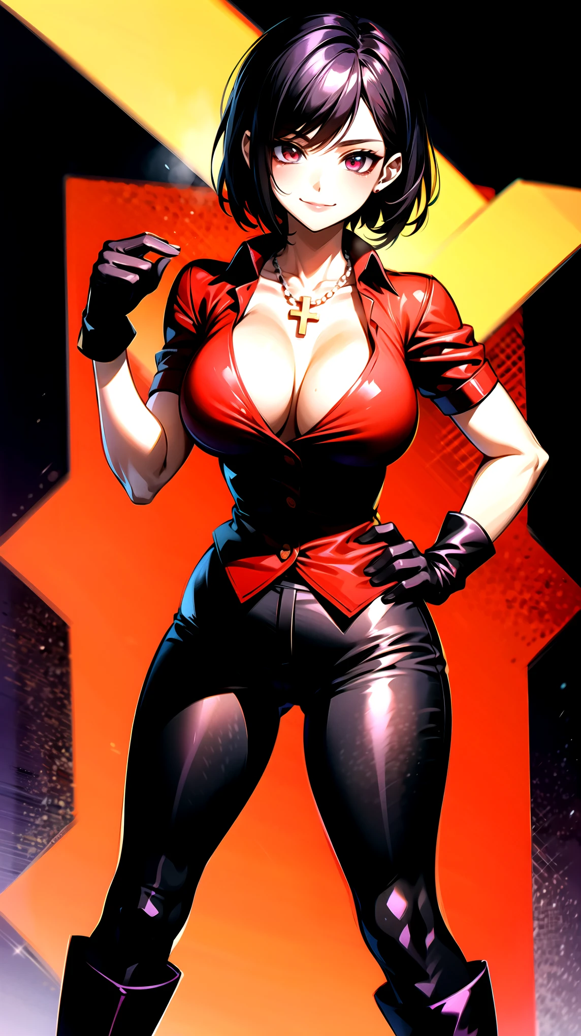 ((super high quality,))((Ultra-high resolution,))(16K,)(super masterpiece,)((Ultra HD ,))(Detailed shading,)A sexy mature woman,((popped Tight collar Red shirts,))Folded sleeves,Black long gloves,((Glossy black pants, ))Black long boots,Black hair straight short,Sharp Eyes,Cleavage,Place one hand on hip,Provocative smile,necklace with cross,