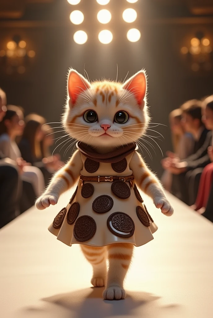 (photorealism:1.2), cute cat wearing Oreo dress walking on the runway q