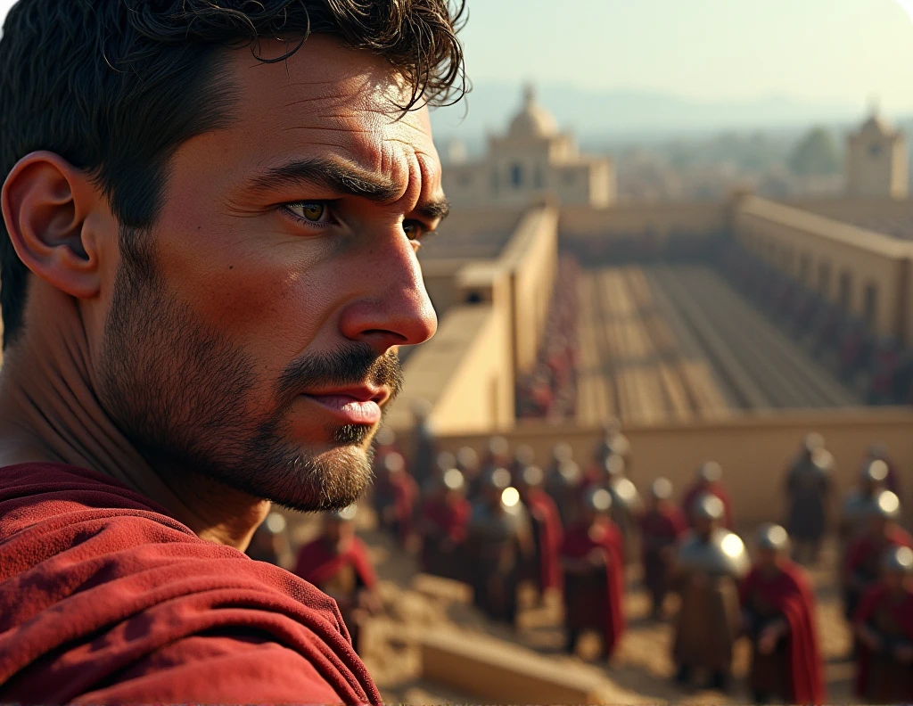 A close-up of Julius Caesar's determined face as he oversees the construction of the double fortifications at Alesia, with Roman soldiers working tirelessly in the background."