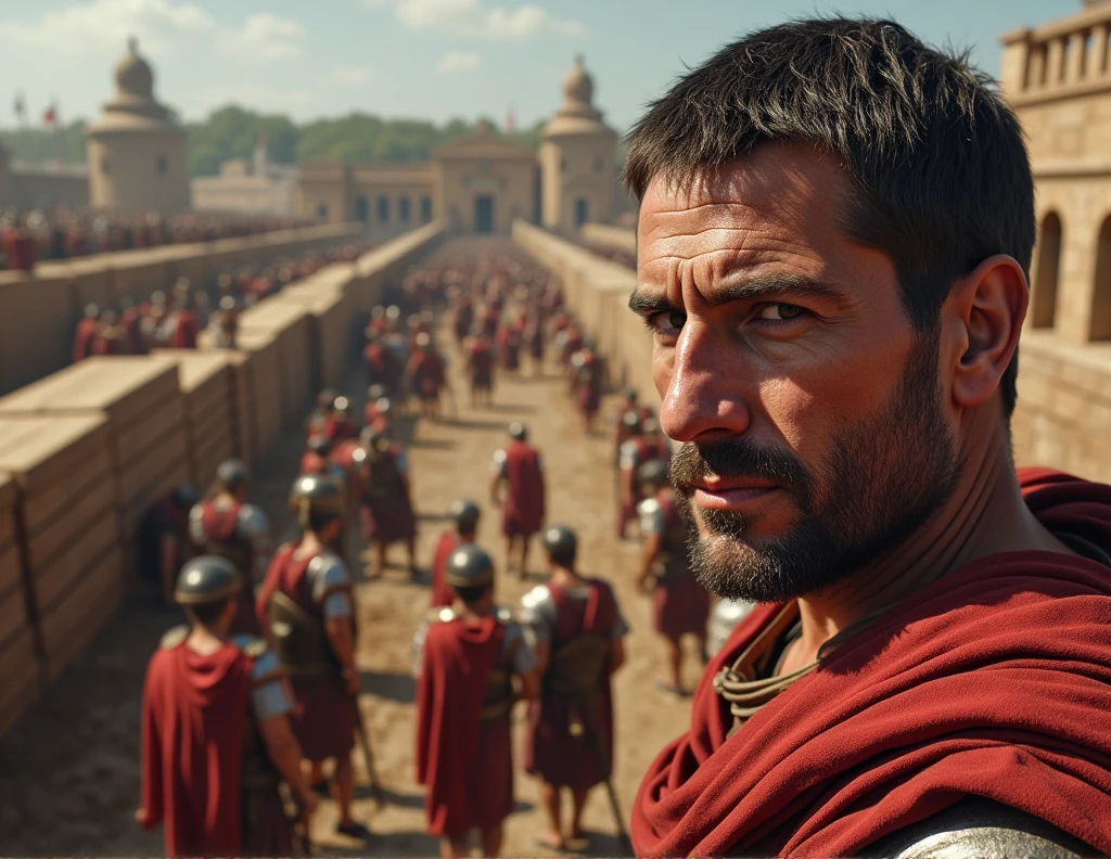 A close-up of Julius Caesar's determined face as he oversees the construction of the double fortifications at Alesia, with Roman soldiers working tirelessly in the background."