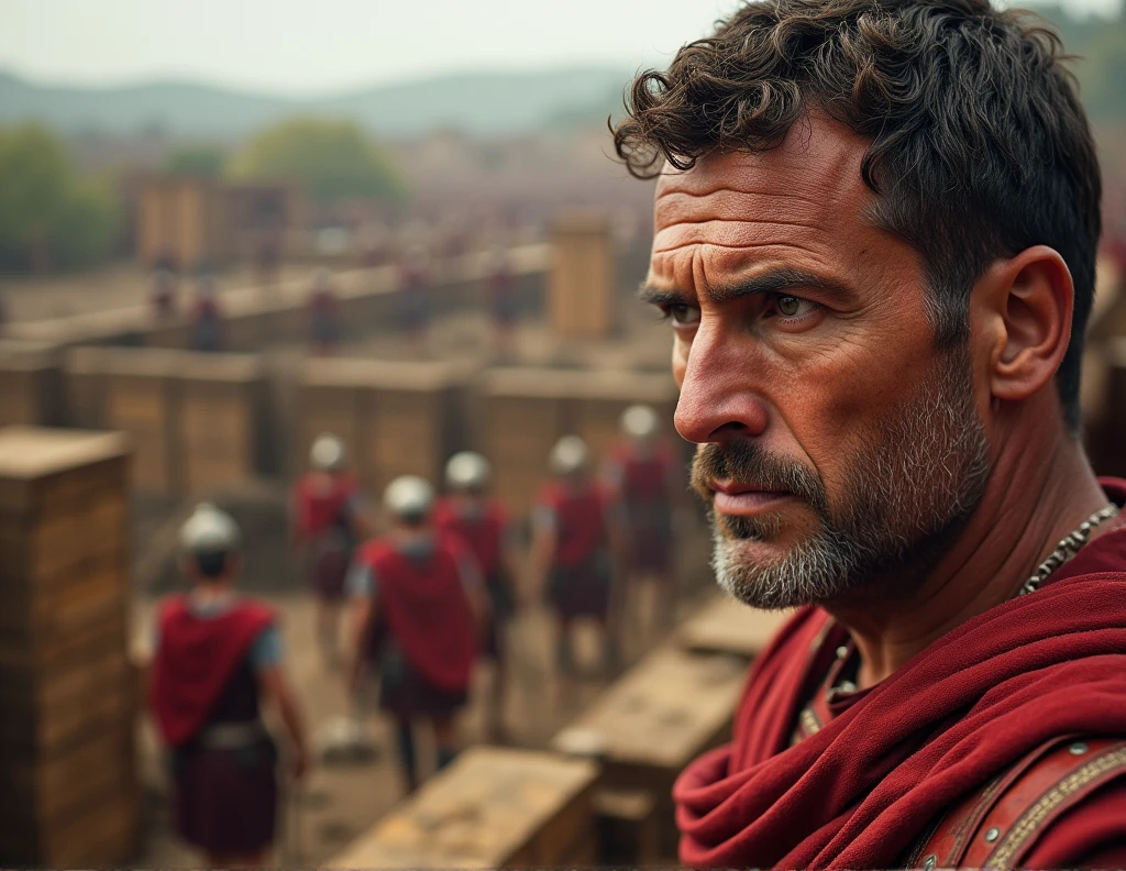 A close-up of Julius Caesar's determined face as he oversees the construction of the double fortifications at Alesia, with Roman soldiers working tirelessly in the background."
