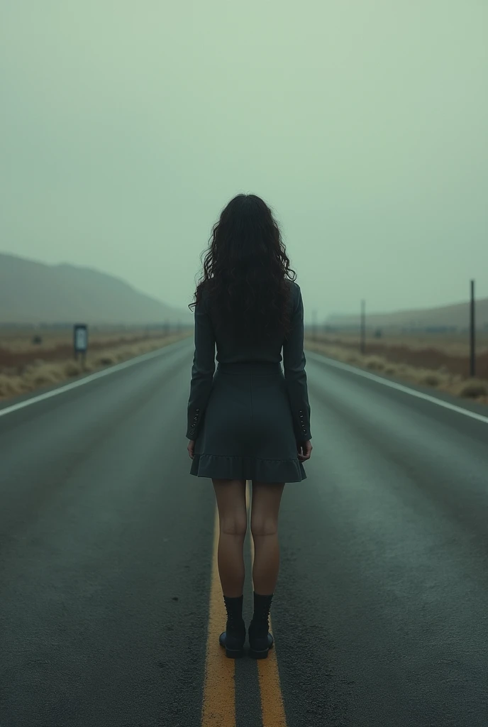 A woman with long, dark brown curly hair, back to back in the middle of a highway in a deserted place with two paths, one going to the right and the other to the left