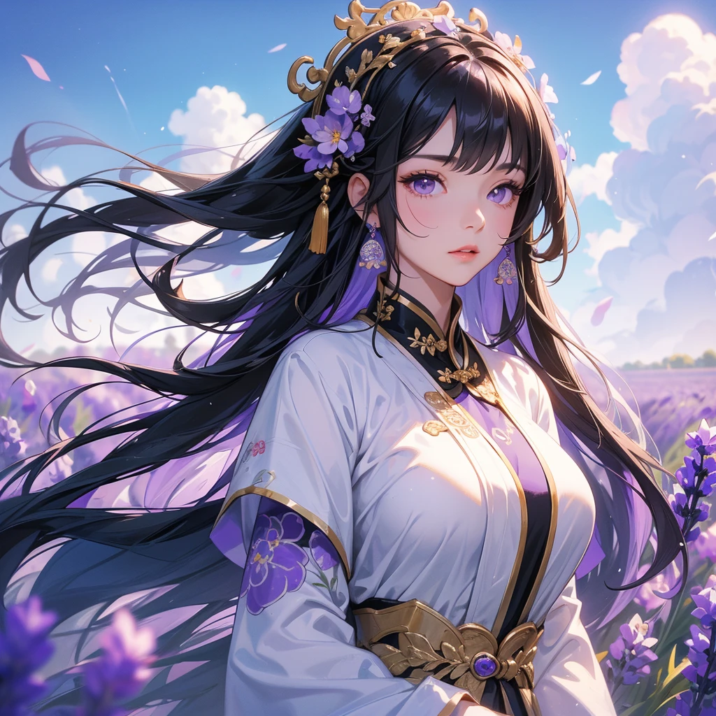 A beautiful girl with black long hair, wear white ancient chinese clothes, Stroll among the purple lavender fields , There are some floating clouds,, with the sun shining on her face, close up.